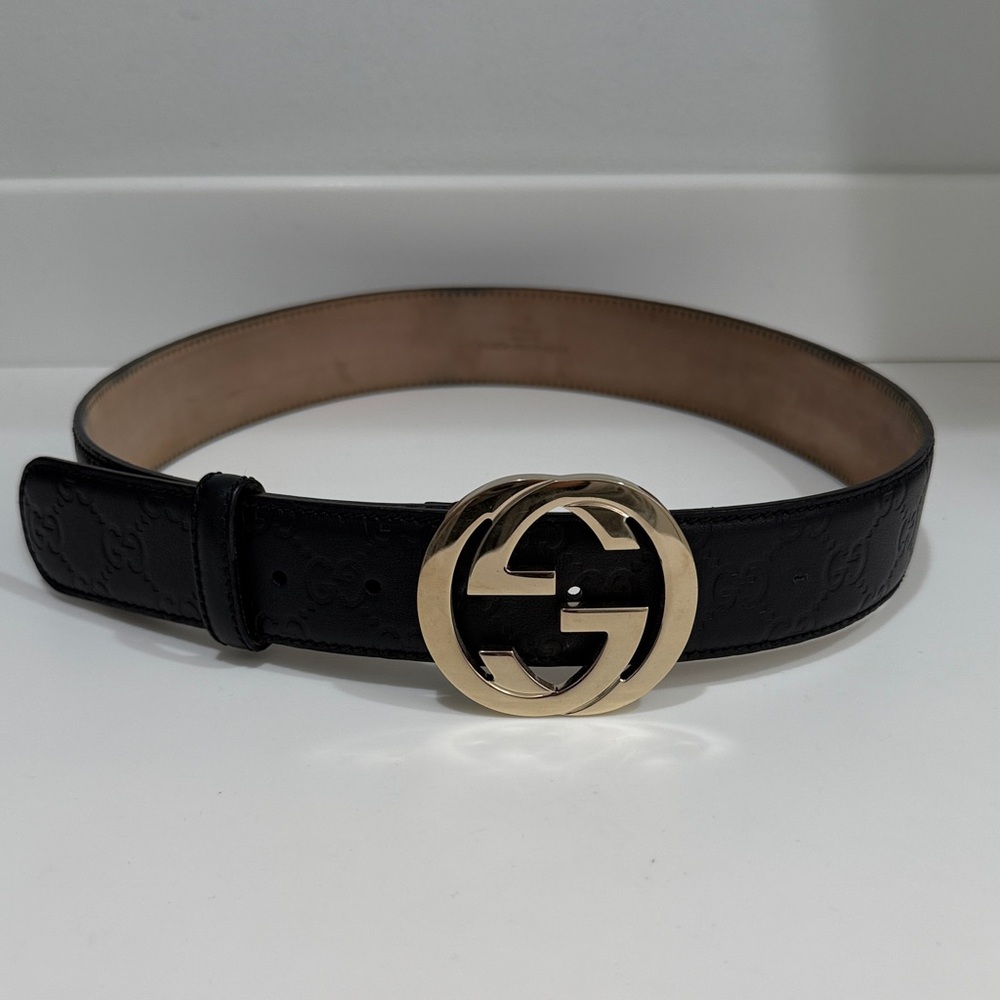 Gucci Black Embossed Belt with Gold GG Buckle